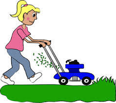 girl mowing lawn